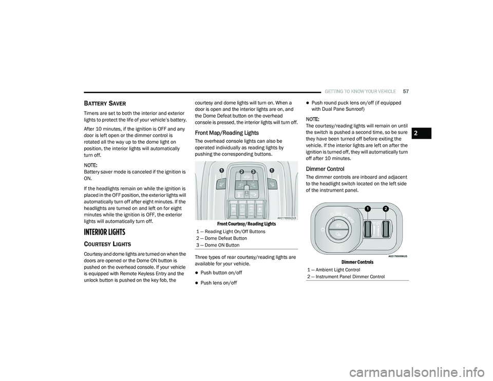 RAM 1500 2021 Owners Manual
GETTING TO KNOW YOUR VEHICLE57
BATTERY SAVER
Timers are set to both the interior and exterior
lights to protect the life of your vehicle’s battery.
After 10 minutes, if the ignition is OFF and any RAM 1500 2021 Owners Manual
GETTING TO KNOW YOUR VEHICLE57
BATTERY SAVER
Timers are set to both the interior and exterior
lights to protect the life of your vehicle’s battery.
After 10 minutes, if the ignition is OFF and any