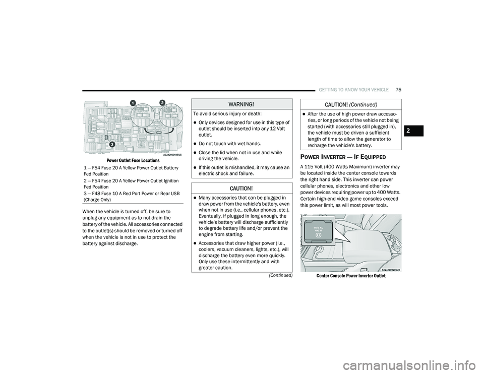 RAM 1500 2021 Manual PDF 
GETTING TO KNOW YOUR VEHICLE75
(Continued)

Power Outlet Fuse Locations

When the vehicle is turned off, be sure to 
unplug any equipment as to not drain the 
battery of the vehicle. All accessories 