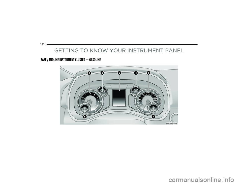 RAM 1500 2022 Owners Manual
106
GETTING TO KNOW YOUR INSTRUMENT PANEL
BASE / MIDLINE INSTRUMENT CLUSTER — GASOLINE
22_DT_OM_EN_USC_t.book Page 106 RAM 1500 2022 Owners Manual
106
GETTING TO KNOW YOUR INSTRUMENT PANEL
BASE / MIDLINE INSTRUMENT CLUSTER — GASOLINE
22_DT_OM_EN_USC_t.book Page 106