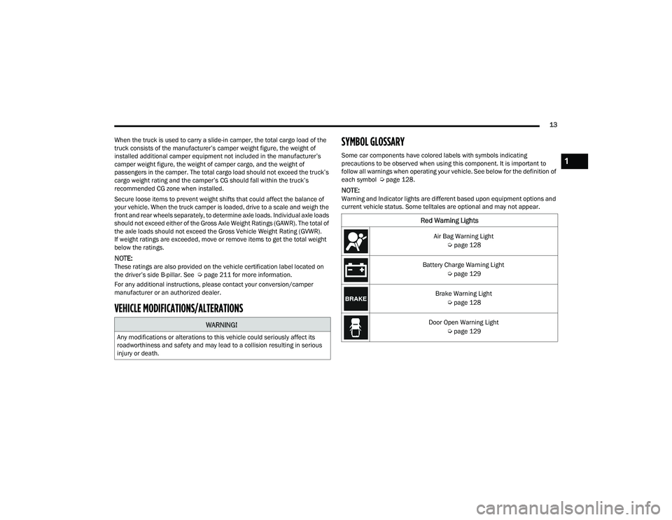 RAM 1500 2022 User Guide
13
When the truck is used to carry a slide-in camper, the total cargo load of the
truck consists of the manufacturer’s camper weight figure, the weight of
installed additional camper equipment no RAM 1500 2022 User Guide
13
When the truck is used to carry a slide-in camper, the total cargo load of the
truck consists of the manufacturer’s camper weight figure, the weight of
installed additional camper equipment no