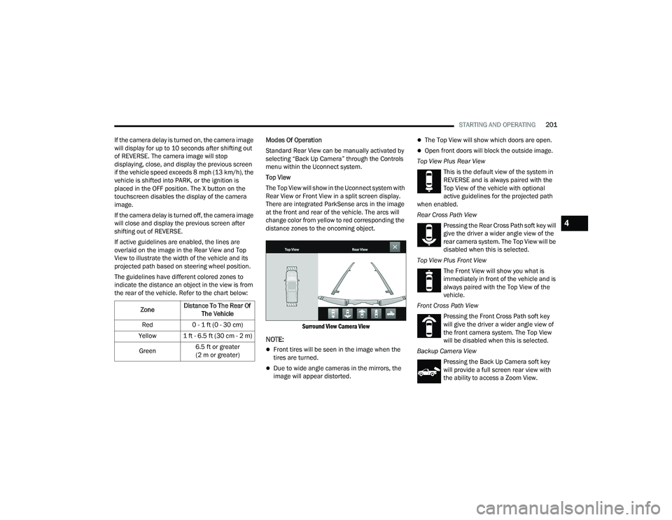 RAM 1500 2022 Owners Manual
STARTING AND OPERATING201
If the camera delay is turned on, the camera image
will display for up to 10 seconds after shifting out
of REVERSE. The camera image will stop
displaying, close, and disp RAM 1500 2022 Owners Manual
STARTING AND OPERATING201
If the camera delay is turned on, the camera image
will display for up to 10 seconds after shifting out
of REVERSE. The camera image will stop
displaying, close, and disp