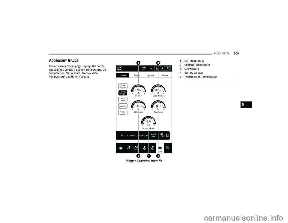 RAM 1500 2022 Owners Manual
MULTIMEDIA309
ACCESSORY GAUGE
The Accessory Gauge page displays the current
status of the vehicle’s Coolant Temperature, Oil
Temperature, Oil Pressure, Transmission
Temperature, and Battery Volt RAM 1500 2022 Owners Manual
MULTIMEDIA309
ACCESSORY GAUGE
The Accessory Gauge page displays the current
status of the vehicle’s Coolant Temperature, Oil
Temperature, Oil Pressure, Transmission
Temperature, and Battery Volt
