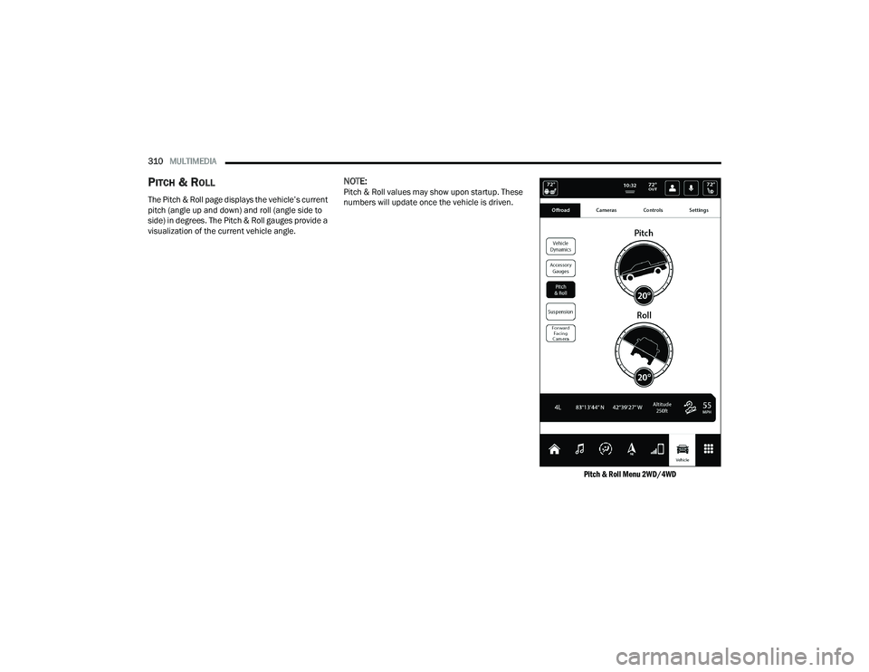 RAM 1500 2022 Owners Manual
310MULTIMEDIA
PITCH & ROLL
The Pitch & Roll page displays the vehicle’s current
pitch (angle up and down) and roll (angle side to
side) in degrees. The Pitch & Roll gauges provide a
visualizat RAM 1500 2022 Owners Manual
310MULTIMEDIA
PITCH & ROLL
The Pitch & Roll page displays the vehicle’s current
pitch (angle up and down) and roll (angle side to
side) in degrees. The Pitch & Roll gauges provide a
visualizat