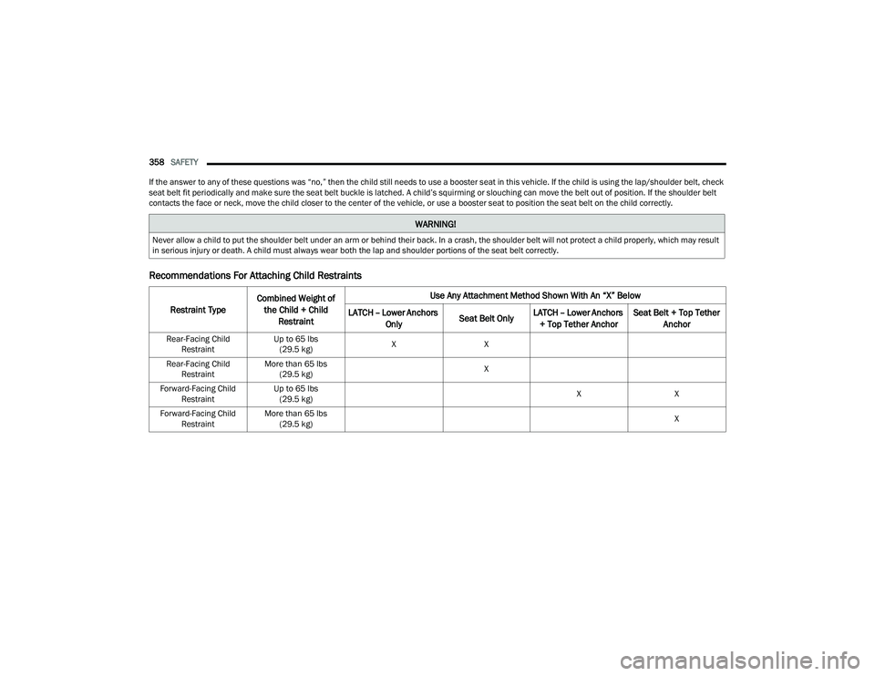 RAM 1500 2022 Owners Manual
358SAFETY
If the answer to any of these questions was “no,” then the child still needs to use a booster seat in this vehicle. If the child is using the lap/shoulder belt, check
seat belt fit p RAM 1500 2022 Owners Manual
358SAFETY
If the answer to any of these questions was “no,” then the child still needs to use a booster seat in this vehicle. If the child is using the lap/shoulder belt, check
seat belt fit p