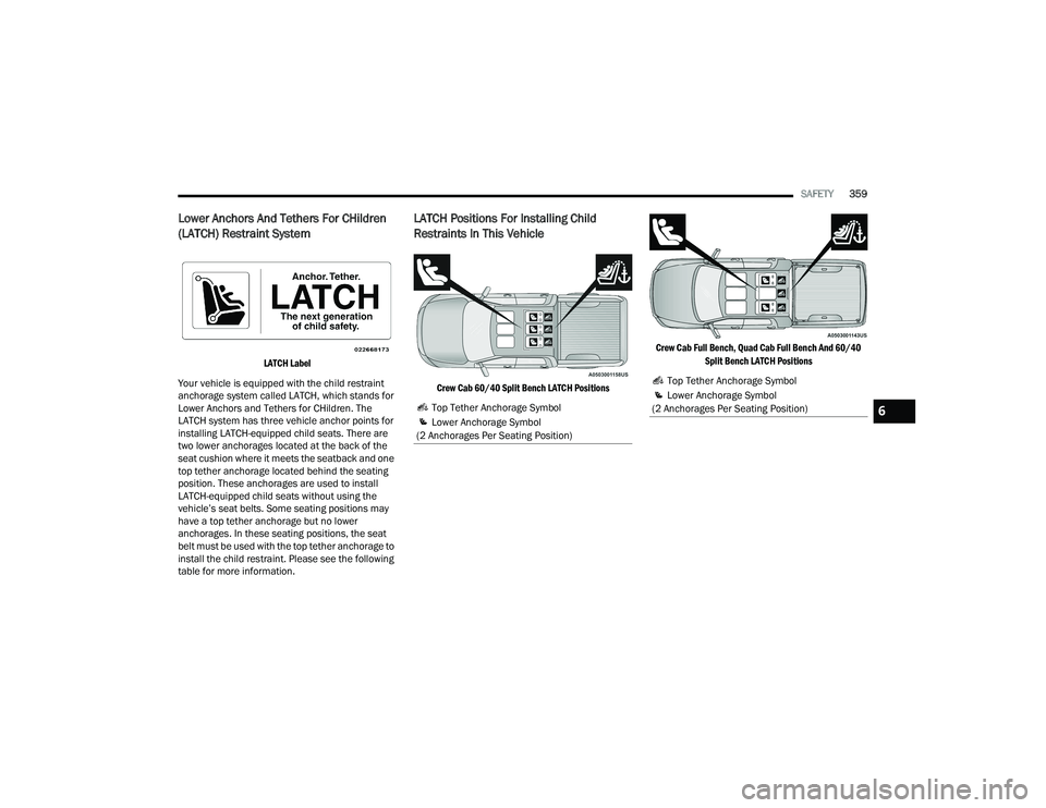 RAM 1500 2022 Owners Manual
SAFETY359
Lower Anchors And Tethers For CHildren
(LATCH) Restraint System
LATCH Label
Your vehicle is equipped with the child restraint
anchorage system called LATCH, which stands for
Lower Anc RAM 1500 2022 Owners Manual
SAFETY359
Lower Anchors And Tethers For CHildren
(LATCH) Restraint System
LATCH Label
Your vehicle is equipped with the child restraint
anchorage system called LATCH, which stands for
Lower Anc