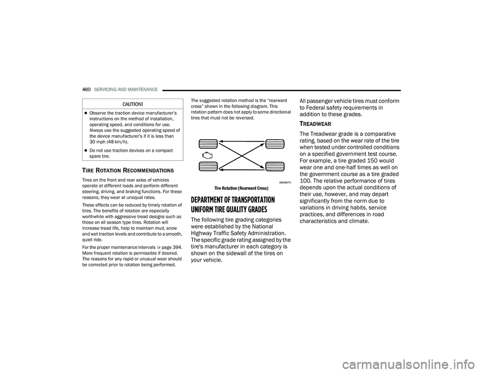 RAM 1500 2022  Owners Manual 
460SERVICING AND MAINTENANCE  
TIRE ROTATION RECOMMENDATIONS 
Tires on the front and rear axles of vehicles 
operate at different loads and perform different 
steering, driving, and braking functions