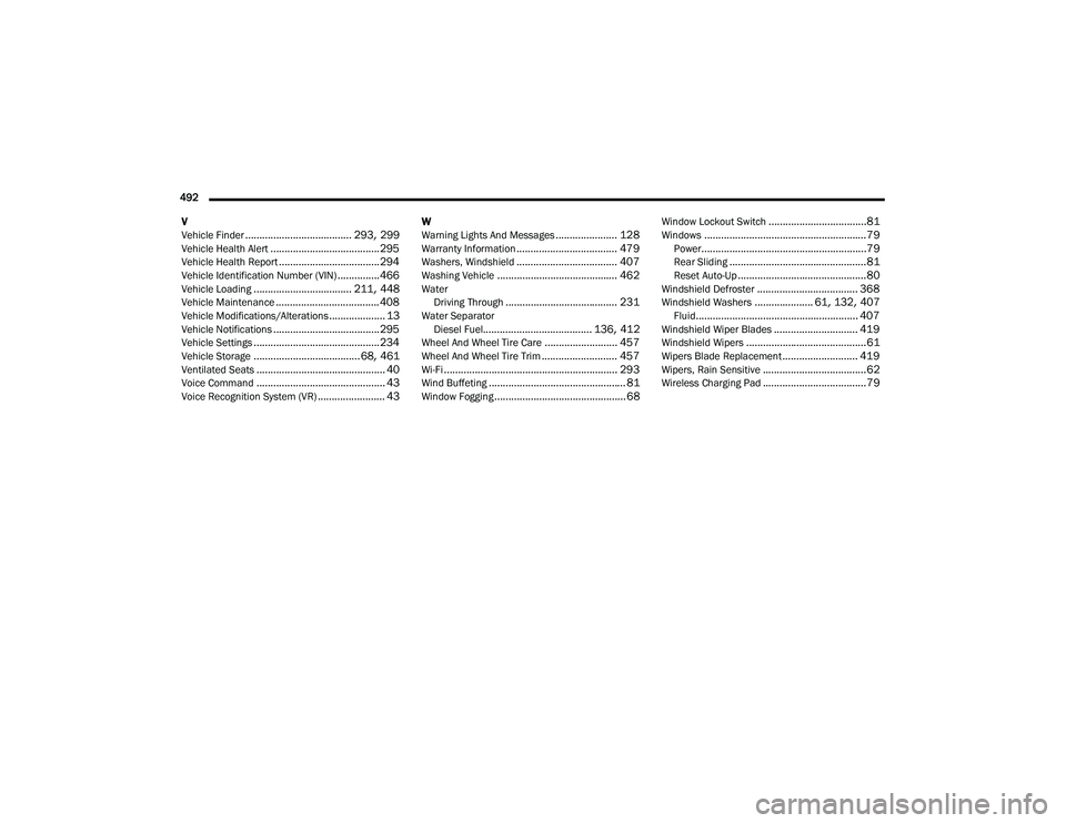 RAM 1500 2022  Owners Manual 
492  V
Vehicle Finder
...................................... 293, 299Vehicle Health Alert....................................... 295Vehicle Health Report.................................... 294Vehicl