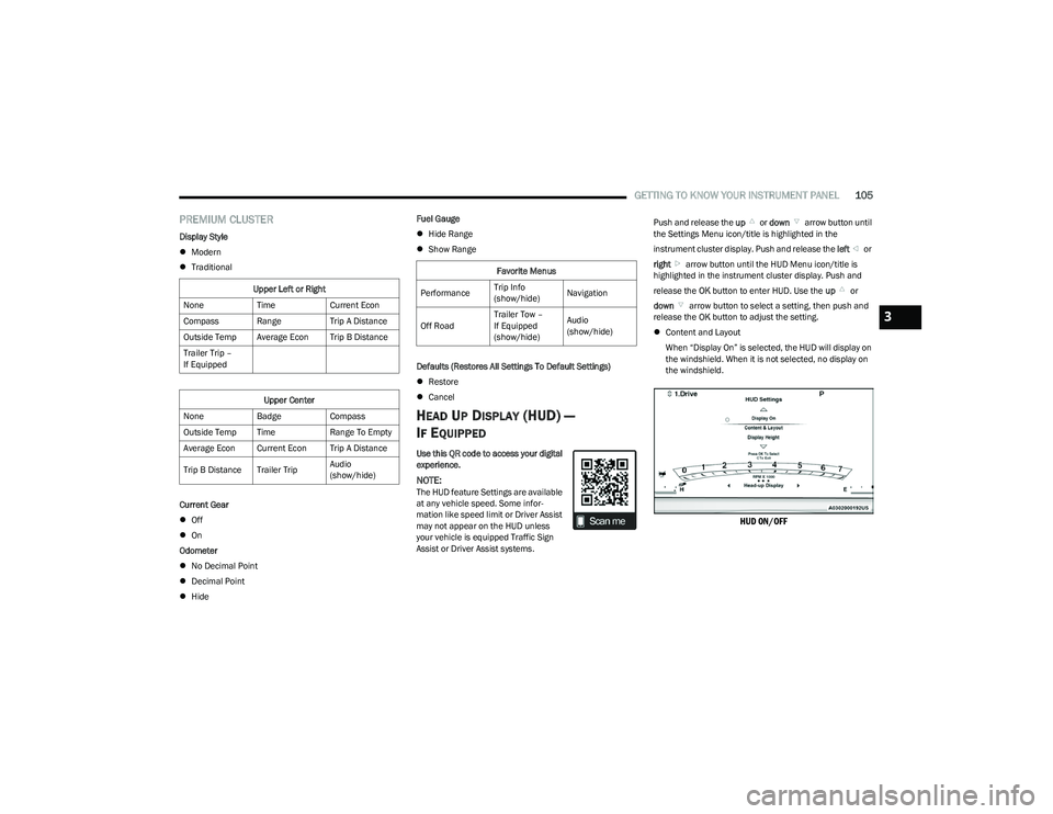 RAM 1500 2023 Owners Manual
GETTING TO KNOW YOUR INSTRUMENT PANEL105
PREMIUM CLUSTER
Display Style
Modern
Traditional
Current Gear
Off
On
Odometer
No Decimal Point
Decimal Point
Hide Fuel Gauge
Hi RAM 1500 2023 Owners Manual
GETTING TO KNOW YOUR INSTRUMENT PANEL105
PREMIUM CLUSTER
Display Style
Modern
Traditional
Current Gear
Off
On
Odometer
No Decimal Point
Decimal Point
Hide Fuel Gauge
Hi