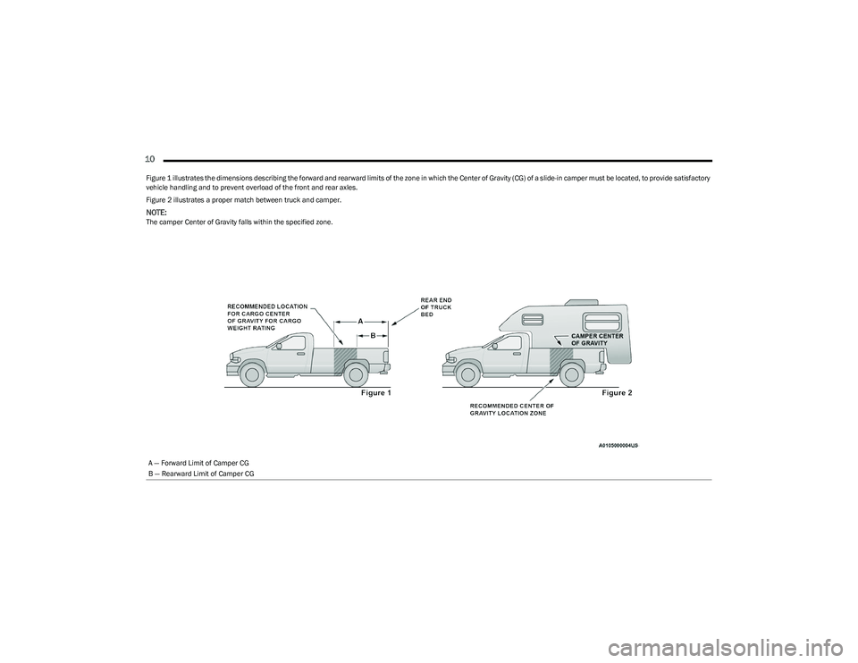 RAM 1500 2023 Owners Manual
10
Figure 1 illustrates the dimensions describing the forward and rearward limits of the zone in which the Center of Gravity (CG) of a slide-in camper must be located, to provide satisfactory
vehi RAM 1500 2023 Owners Manual
10
Figure 1 illustrates the dimensions describing the forward and rearward limits of the zone in which the Center of Gravity (CG) of a slide-in camper must be located, to provide satisfactory
vehi