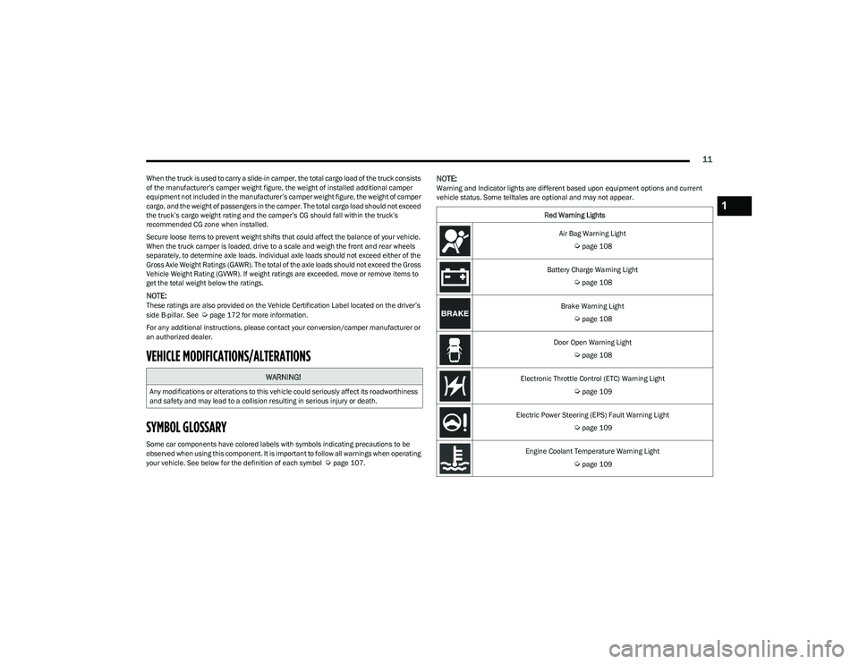 RAM 1500 2023  Owners Manual 
11
When the truck is used to carry a slide-in camper, the total cargo load of the truck consists 
of the manufacturer’s camper weight figure, the weight of installed additional camper 
equipment no