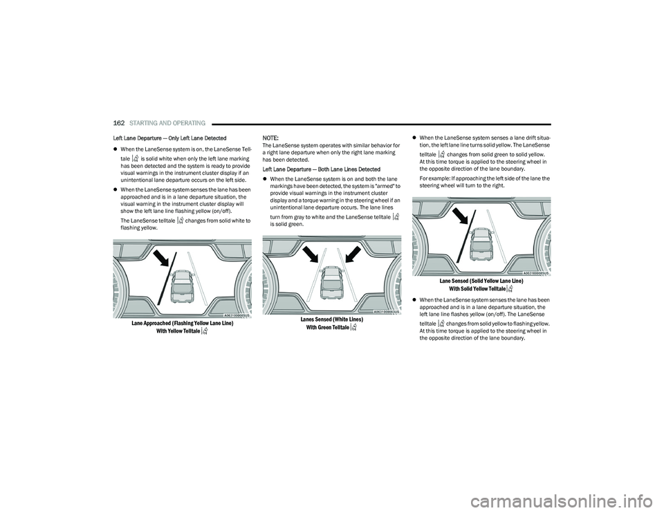 RAM 1500 2023 Repair Manual 
162STARTING AND OPERATING  
Left Lane Departure — Only Left Lane Detected
 

When the LaneSense system is on, the LaneSense Tell -
tale   is solid white when only the left lane marking 
has been