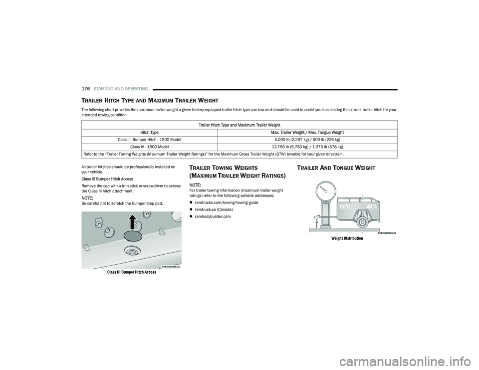 RAM 1500 2023 Owners Manual
176STARTING AND OPERATING
TRAILER HITCH TYPE AND MAXIMUM TRAILER WEIGHT
The following chart provides the maximum trailer weight a given factory equipped trailer hitch type can tow and should be use RAM 1500 2023 Owners Manual
176STARTING AND OPERATING
TRAILER HITCH TYPE AND MAXIMUM TRAILER WEIGHT
The following chart provides the maximum trailer weight a given factory equipped trailer hitch type can tow and should be use