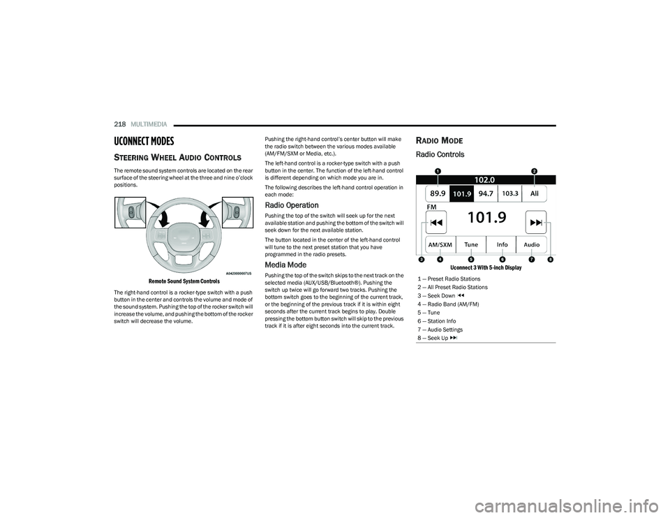 RAM 1500 2023 Owners Manual
218MULTIMEDIA
UCONNECT MODES
STEERING WHEEL AUDIO CONTROLS
The remote sound system controls are located on the rear
surface of the steering wheel at the three and nine o’clock
positions.
R RAM 1500 2023 Owners Manual
218MULTIMEDIA
UCONNECT MODES
STEERING WHEEL AUDIO CONTROLS
The remote sound system controls are located on the rear
surface of the steering wheel at the three and nine o’clock
positions.
R