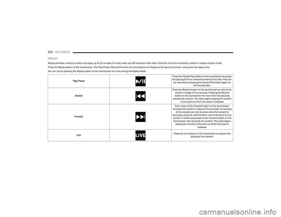 RAM 1500 2023 Owners Manual
222MULTIMEDIA
REPLAY
Replay provides a means to store and replay up to 22 minutes of music audio and 48 minutes of talk radio. Once the channel is switched, content in replay memory is lost.
Press RAM 1500 2023 Owners Manual
222MULTIMEDIA
REPLAY
Replay provides a means to store and replay up to 22 minutes of music audio and 48 minutes of talk radio. Once the channel is switched, content in replay memory is lost.
Press