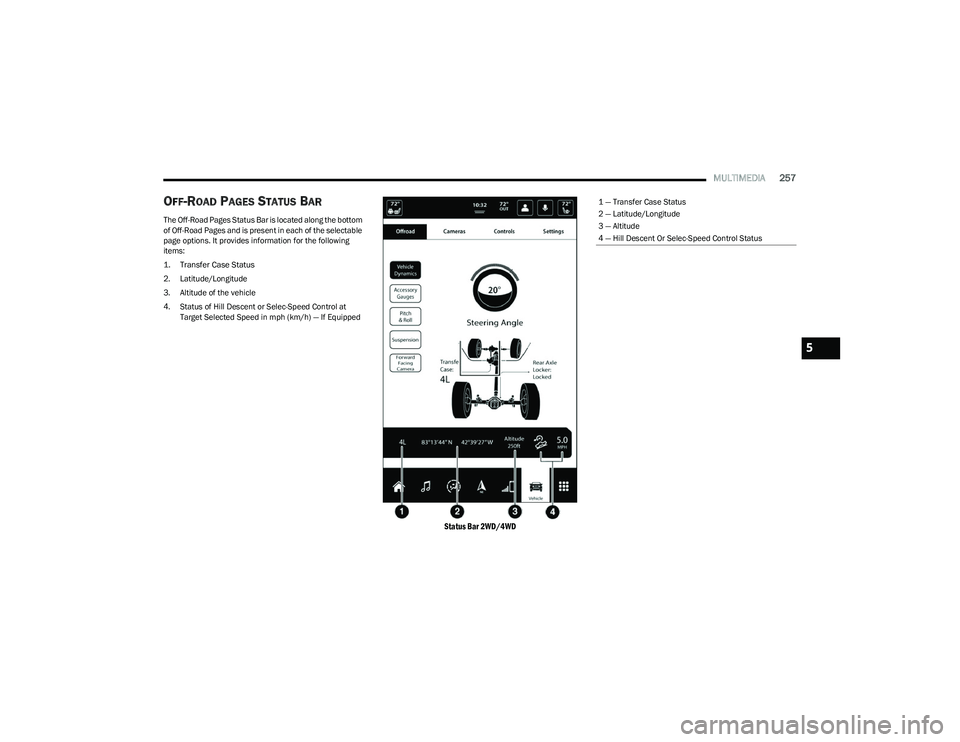 RAM 1500 2023 Owners Manual
MULTIMEDIA257
OFF-ROAD PAGES STATUS BAR
The Off-Road Pages Status Bar is located along the bottom
of Off-Road Pages and is present in each of the selectable
page options. It provides information f RAM 1500 2023 Owners Manual
MULTIMEDIA257
OFF-ROAD PAGES STATUS BAR
The Off-Road Pages Status Bar is located along the bottom
of Off-Road Pages and is present in each of the selectable
page options. It provides information f