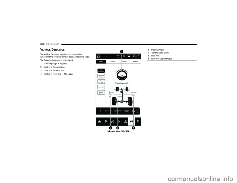 RAM 1500 2023 Owners Manual
258MULTIMEDIA
VEHICLE DYNAMICS
The Vehicle Dynamics page displays information
concerning the vehicle’s transfer case and steering angle.
The following information is displayed:
1. Steering ang RAM 1500 2023 Owners Manual
258MULTIMEDIA
VEHICLE DYNAMICS
The Vehicle Dynamics page displays information
concerning the vehicle’s transfer case and steering angle.
The following information is displayed:
1. Steering ang