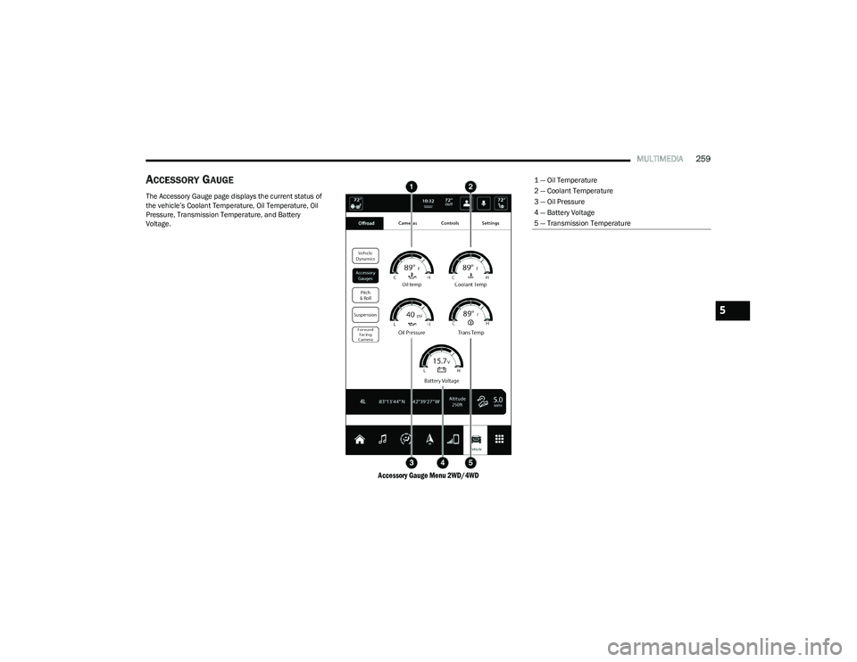 RAM 1500 2023 Owners Manual
MULTIMEDIA259
ACCESSORY GAUGE
The Accessory Gauge page displays the current status of
the vehicle’s Coolant Temperature, Oil Temperature, Oil
Pressure, Transmission Temperature, and Battery
Volt RAM 1500 2023 Owners Manual
MULTIMEDIA259
ACCESSORY GAUGE
The Accessory Gauge page displays the current status of
the vehicle’s Coolant Temperature, Oil Temperature, Oil
Pressure, Transmission Temperature, and Battery
Volt