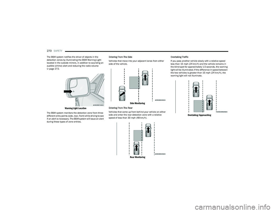 RAM 1500 2023 Owners Manual
270SAFETY
The BSM system notifies the driver of objects in the
detection zones by illuminating the BSM Warning Light
located in the outside mirrors, in addition to sounding an
audible (chime) al RAM 1500 2023 Owners Manual
270SAFETY
The BSM system notifies the driver of objects in the
detection zones by illuminating the BSM Warning Light
located in the outside mirrors, in addition to sounding an
audible (chime) al