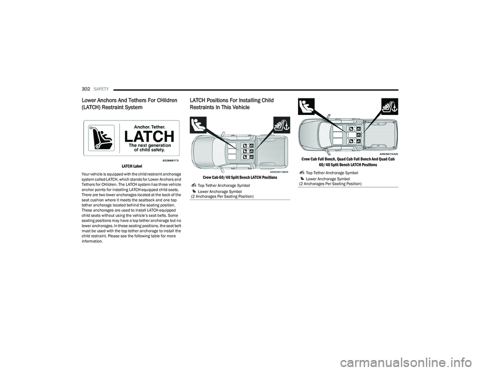 RAM 1500 2023 Owners Manual
302SAFETY
Lower Anchors And Tethers For CHildren
(LATCH) Restraint System
LATCH Label
Your vehicle is equipped with the child restraint anchorage
system called LATCH, which stands for Lower An RAM 1500 2023 Owners Manual
302SAFETY
Lower Anchors And Tethers For CHildren
(LATCH) Restraint System
LATCH Label
Your vehicle is equipped with the child restraint anchorage
system called LATCH, which stands for Lower An