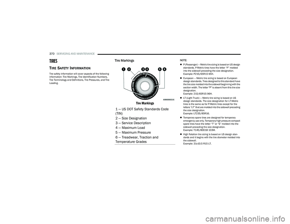 RAM 1500 2023 Owners Manual
370SERVICING AND MAINTENANCE
TIRES
TIRE SAFETY INFORMATION
Tire safety information will cover aspects of the following
information: Tire Markings, Tire Identification Numbers,
Tire Terminology RAM 1500 2023 Owners Manual
370SERVICING AND MAINTENANCE
TIRES
TIRE SAFETY INFORMATION
Tire safety information will cover aspects of the following
information: Tire Markings, Tire Identification Numbers,
Tire Terminology