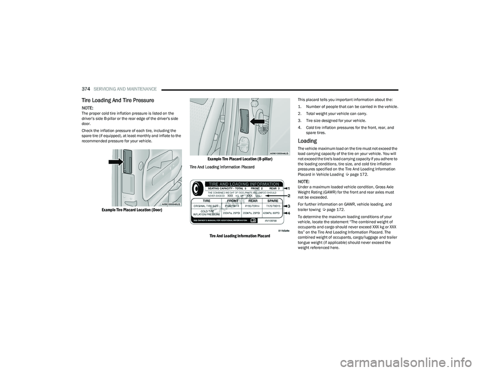 RAM 1500 2023 Owners Manual
374SERVICING AND MAINTENANCE
Tire Loading And Tire Pressure
NOTE:The proper cold tire inflation pressure is listed on the
driver’s side B-pillar or the rear edge of the driver's side
doo RAM 1500 2023 Owners Manual
374SERVICING AND MAINTENANCE
Tire Loading And Tire Pressure
NOTE:The proper cold tire inflation pressure is listed on the
driver’s side B-pillar or the rear edge of the driver's side
doo