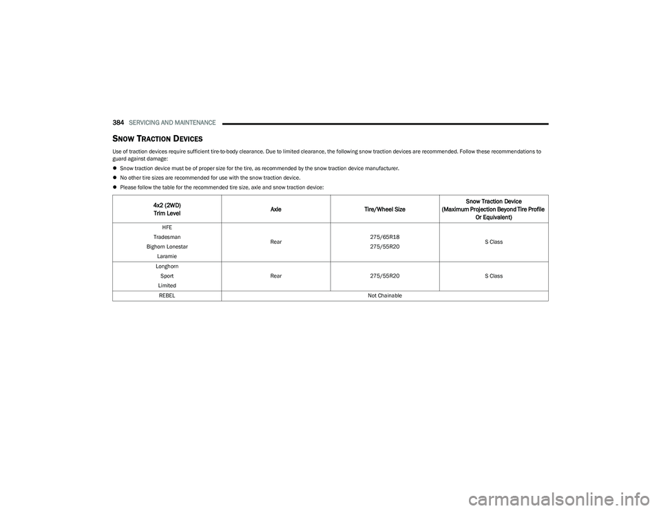 RAM 1500 2023  Owners Manual 
384SERVICING AND MAINTENANCE  
SNOW TRACTION DEVICES  
Use of traction devices require sufficient tire-to-body clearance. Due to limited clearance, the following snow traction devices are recommended