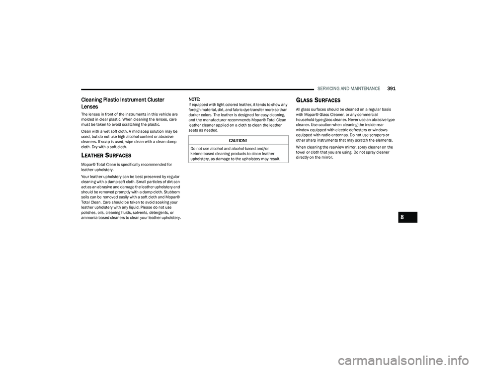 RAM 1500 2023  Owners Manual 
SERVICING AND MAINTENANCE391
Cleaning Plastic Instrument Cluster 
Lenses 
The lenses in front of the instruments in this vehicle are 
molded in clear plastic. When cleaning the lenses, care 
must be 