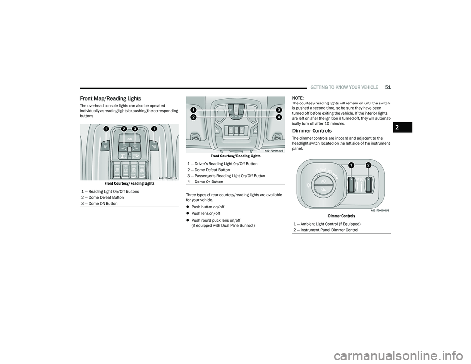 RAM 1500 2023 Owners Manual
GETTING TO KNOW YOUR VEHICLE51
Front Map/Reading Lights
The overhead console lights can also be operated
individually as reading lights by pushing the corresponding
buttons.
Front Courtesy/Reading RAM 1500 2023 Owners Manual
GETTING TO KNOW YOUR VEHICLE51
Front Map/Reading Lights
The overhead console lights can also be operated
individually as reading lights by pushing the corresponding
buttons.
Front Courtesy/Reading