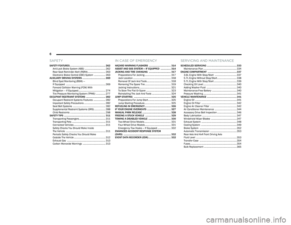 RAM 1500 2023  Owners Manual 
6 
SAFETY
SAFETY FEATURES........................................................... 262
Anti-Lock Brake System (ABS) ................................. 262Rear Seat Reminder Alert (RSRA) ............