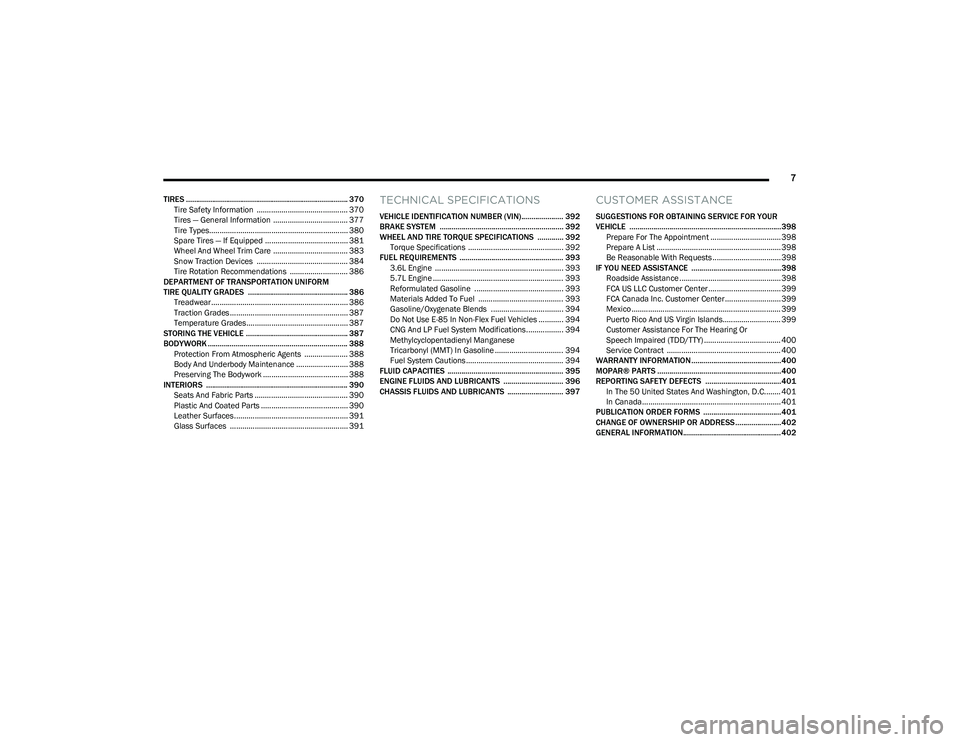 RAM 1500 2023  Owners Manual 
7
TIRES ................................................................................. 370Tire Safety Information  ............................................ 370
Tires — General Information  .