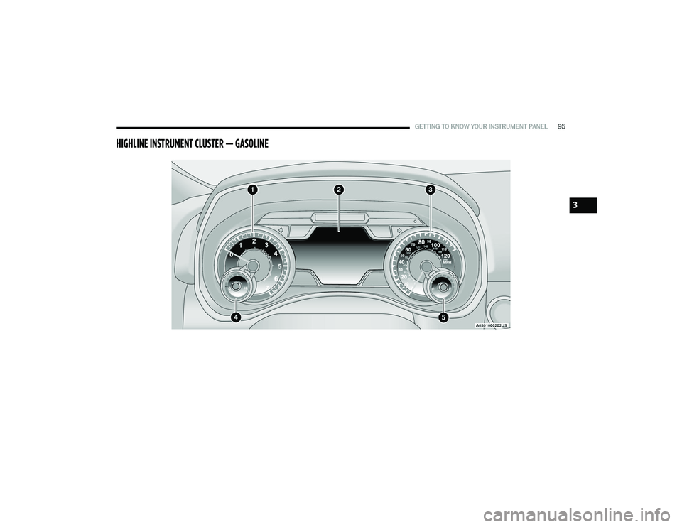 RAM 1500 2023 Owners Manual
GETTING TO KNOW YOUR INSTRUMENT PANEL95
HIGHLINE INSTRUMENT CLUSTER — GASOLINE
3
23_DT_OM_EN_USC_t.book Page 95 RAM 1500 2023 Owners Manual
GETTING TO KNOW YOUR INSTRUMENT PANEL95
HIGHLINE INSTRUMENT CLUSTER — GASOLINE
3
23_DT_OM_EN_USC_t.book Page 95