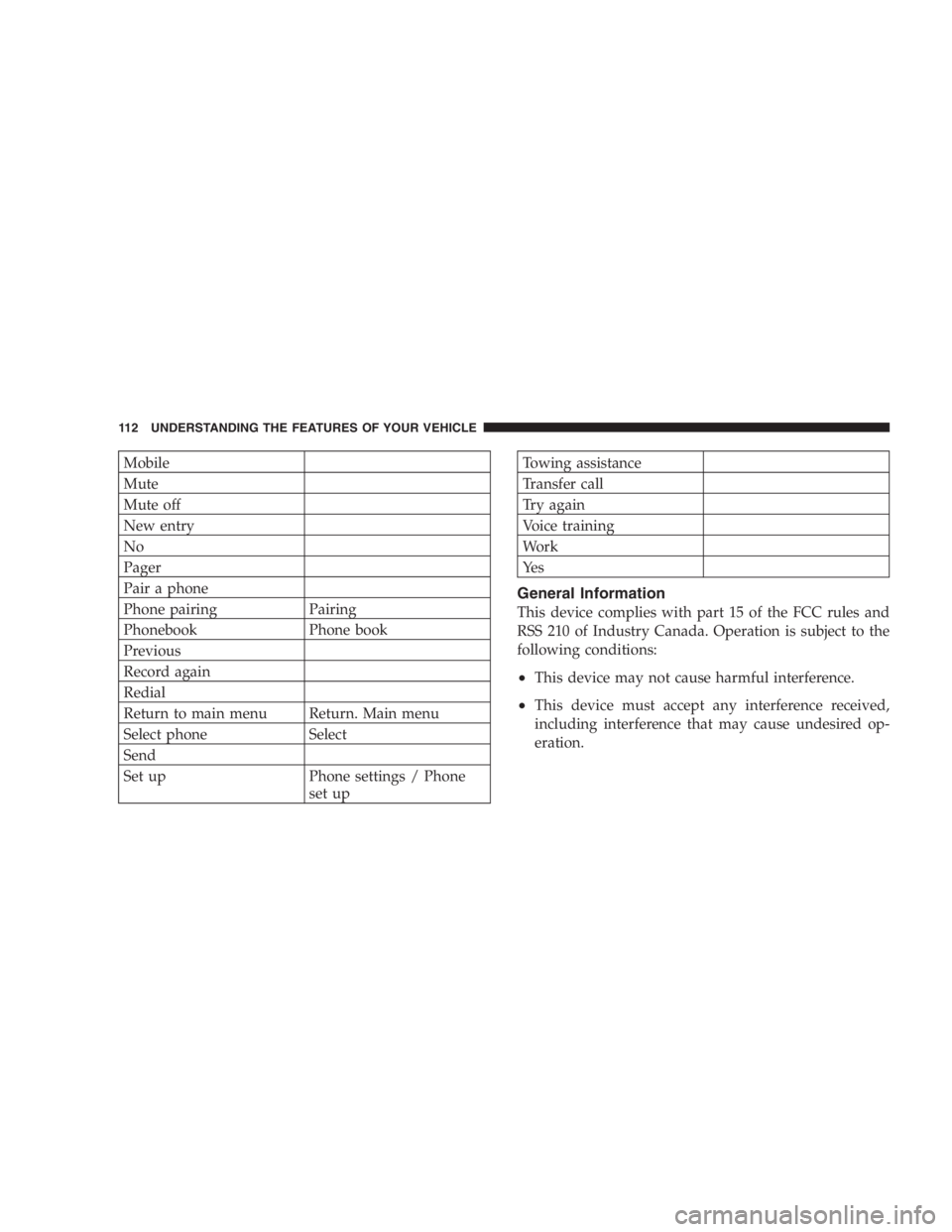 RAM CHASSIS CAB 2007 User Guide Mobile
Mute
Mute off
New entry
No
Pager
Pair a phone
Phone pairing Pairing
Phonebook Phone book
Previous
Record again
Redial
Return to main menu Return. Main menu
Select phone Select
Send
Set up Phone