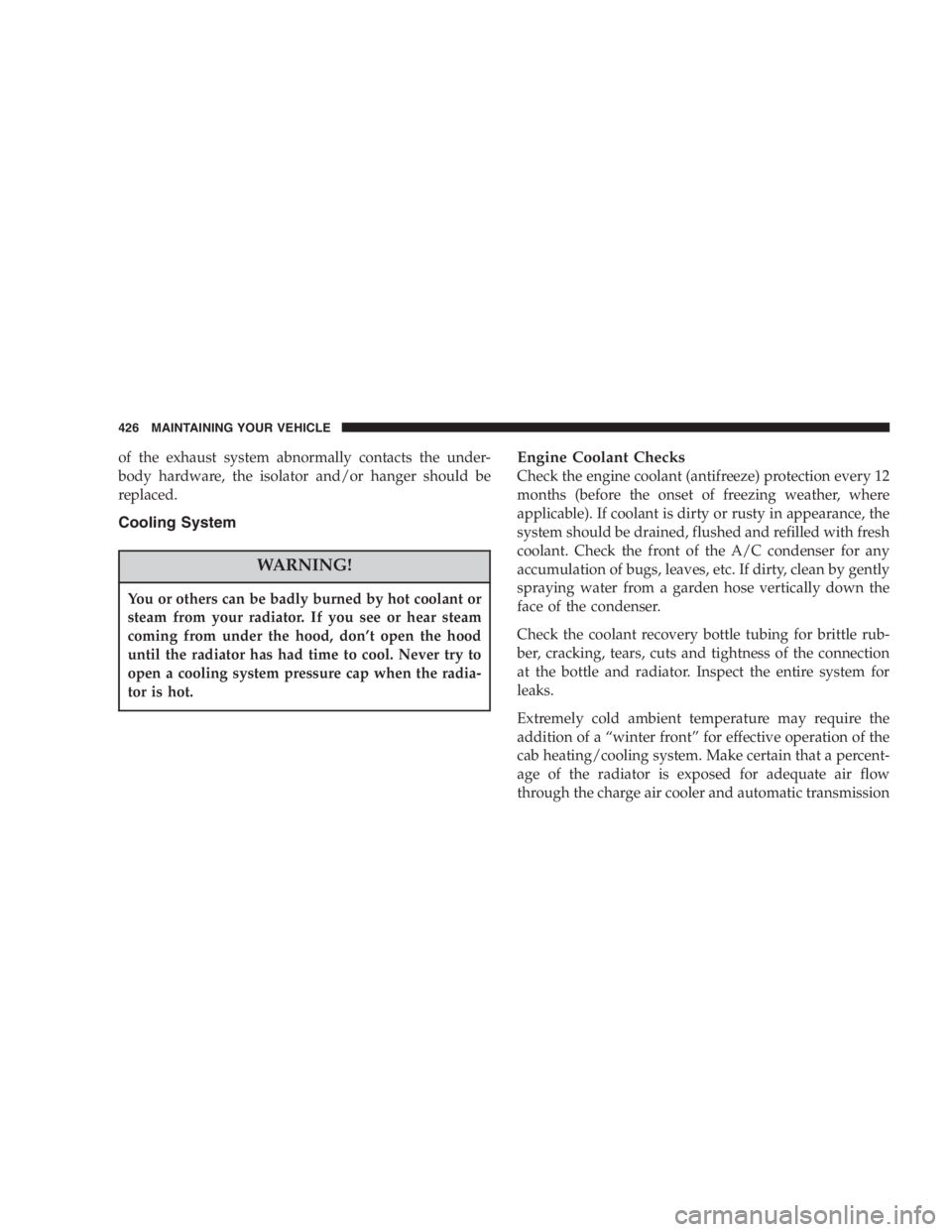 RAM CHASSIS CAB 2007  Owners Manual of the exhaust system abnormally contacts the under-
body hardware, the isolator and/or hanger should be
replaced.
Cooling System
WARNING!You or others can be badly burned by hot coolant or
steam from