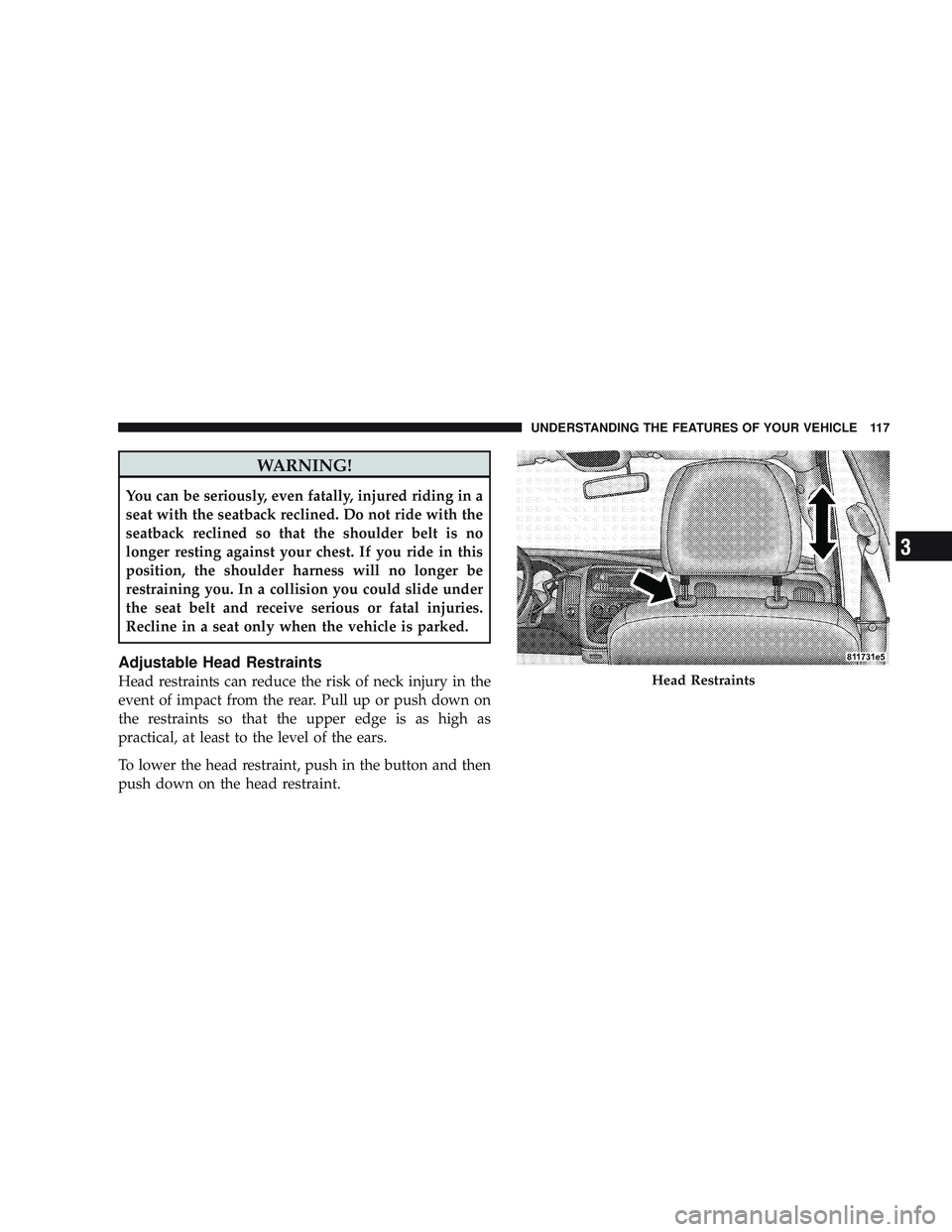 RAM CHASSIS CAB 2009  Owners Manual WARNING!
You can be seriously, even fatally, injured riding in a
seat with the seatback reclined. Do not ride with the
seatback reclined so that the shoulder belt is no
longer resting against your che