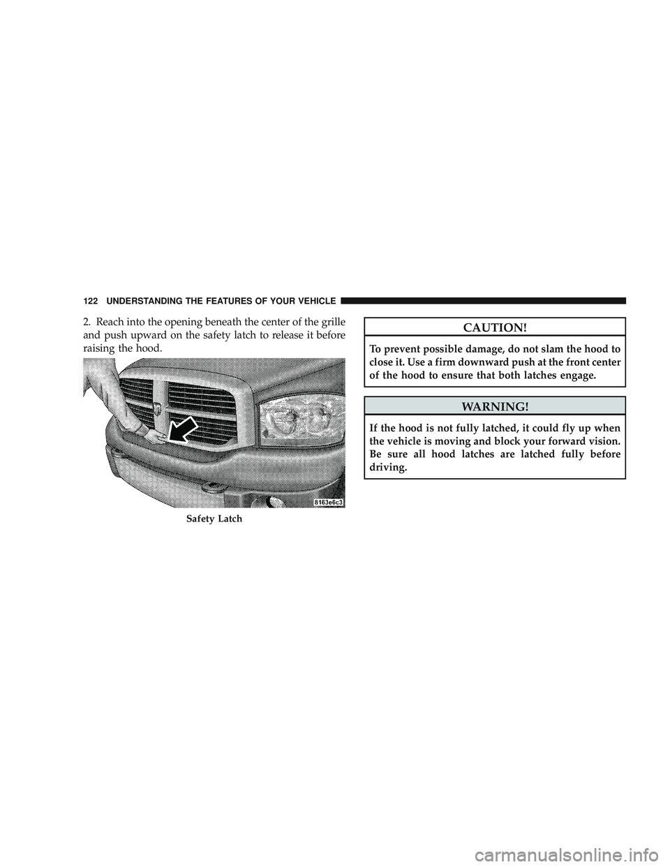 RAM CHASSIS CAB 2009 Owners Manual 2. Reach into the opening beneath the center of the grille
and push upward on the safety latch to release it before
raising the hood.CAUTION!
To prevent possible damage, do not slam the hood to
close RAM CHASSIS CAB 2009 Owners Manual 2. Reach into the opening beneath the center of the grille
and push upward on the safety latch to release it before
raising the hood.CAUTION!
To prevent possible damage, do not slam the hood to
close