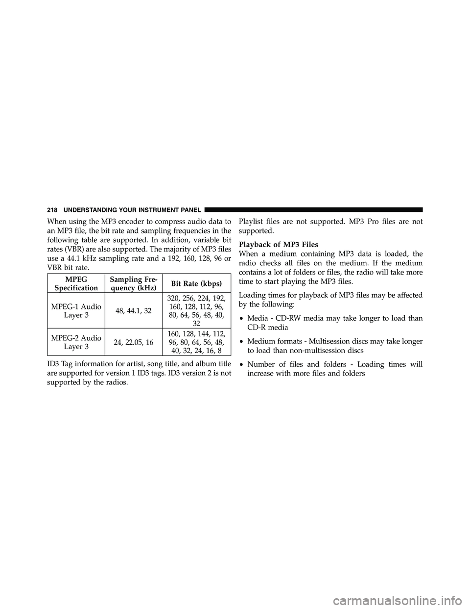 RAM CHASSIS CAB 2011 Owners Manual When using the MP3 encoder to compress audio data to
an MP3 file, the bit rate and sampling frequencies in the
following table are supported. In addition, variable bit
rates (VBR) are also supported. RAM CHASSIS CAB 2011 Owners Manual When using the MP3 encoder to compress audio data to
an MP3 file, the bit rate and sampling frequencies in the
following table are supported. In addition, variable bit
rates (VBR) are also supported.
