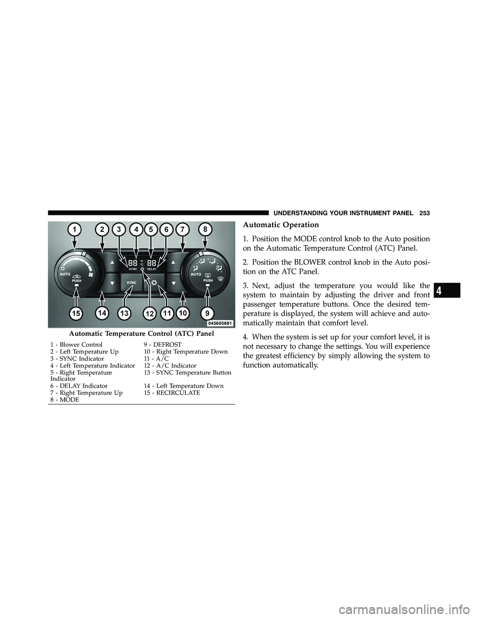 RAM CHASSIS CAB 2011 Workshop Manual Automatic Operation
1. Position the MODE control knob to the Auto position
on the Automatic Temperature Control (ATC) Panel.
2. Position the BLOWER control knob in the Auto posi-
tion on the ATC Panel