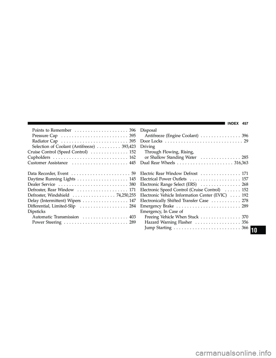 RAM CHASSIS CAB 2011  Owners Manual Points to Remember .................... 396
Pressure Cap ......................... 395
Radiator Cap ......................... 395
Selection of Coolant (Antifreeze) ......... 393,423
Cruise Control (Sp