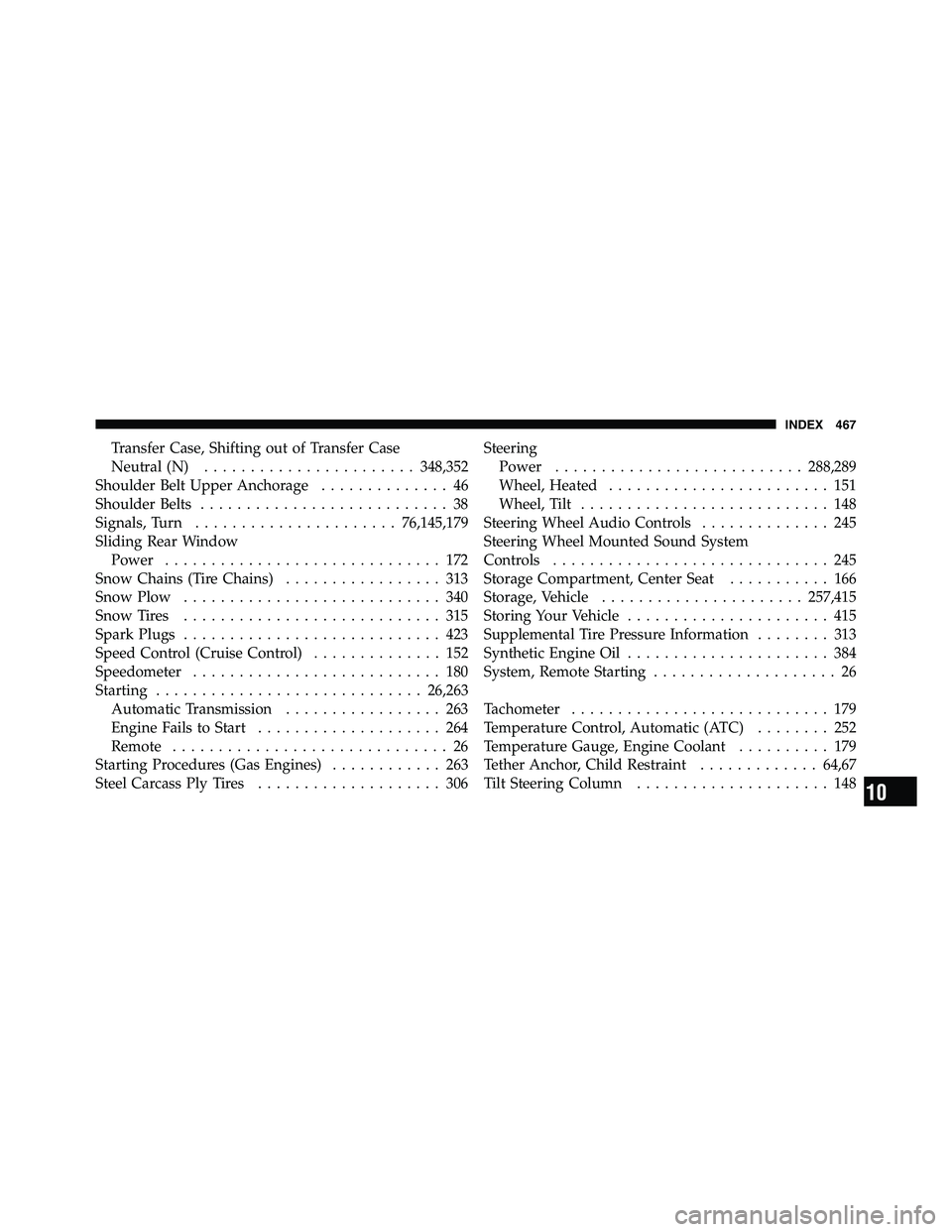 RAM CHASSIS CAB 2011 Service Manual Transfer Case, Shifting out of Transfer Case
Neutral (N) ....................... 348,352
Shoulder Belt Upper Anchorage .............. 46
Shoulder Belts ........................... 38
Signals, Turn ... RAM CHASSIS CAB 2011 Service Manual Transfer Case, Shifting out of Transfer Case
Neutral (N) ....................... 348,352
Shoulder Belt Upper Anchorage .............. 46
Shoulder Belts ........................... 38
Signals, Turn ...