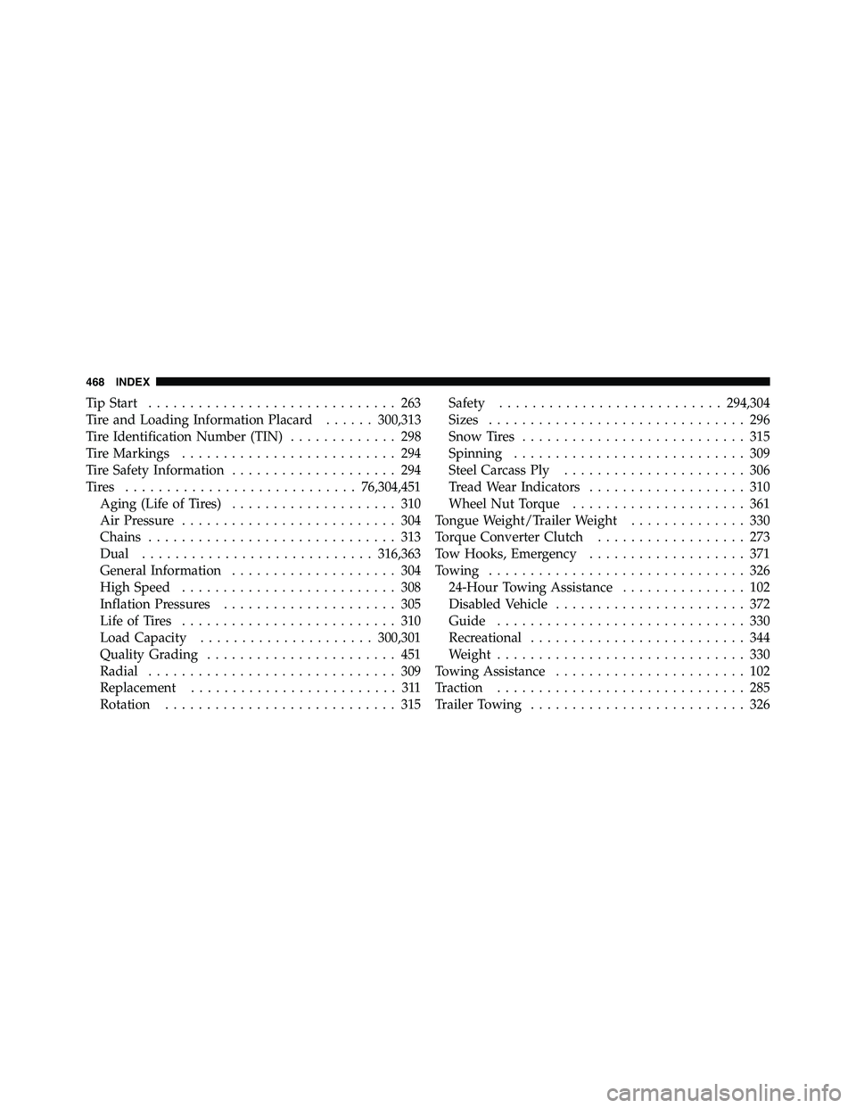 RAM CHASSIS CAB 2011  Owners Manual Tip Start .............................. 263
Tire and Loading Information Placard ...... 300,313
Tire Identification Number (TIN) ............. 298
Tire Markings .......................... 294
Tire Sa
