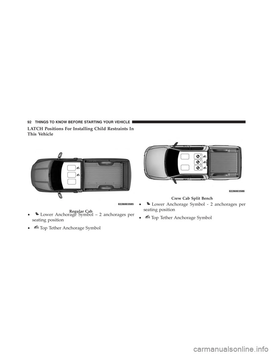 RAM CHASSIS CAB 2016 Owners Manual LATCH Positions For Installing Child Restraints In
This Vehicle
Regular Cab
• Lower Anchorage Symbol – 2 anchorages per
seating position
• Top Tether Anchorage Symbol Crew Cab Split Bench
• Lo RAM CHASSIS CAB 2016 Owners Manual LATCH Positions For Installing Child Restraints In
This Vehicle
Regular Cab
• Lower Anchorage Symbol – 2 anchorages per
seating position
• Top Tether Anchorage Symbol Crew Cab Split Bench
• Lo