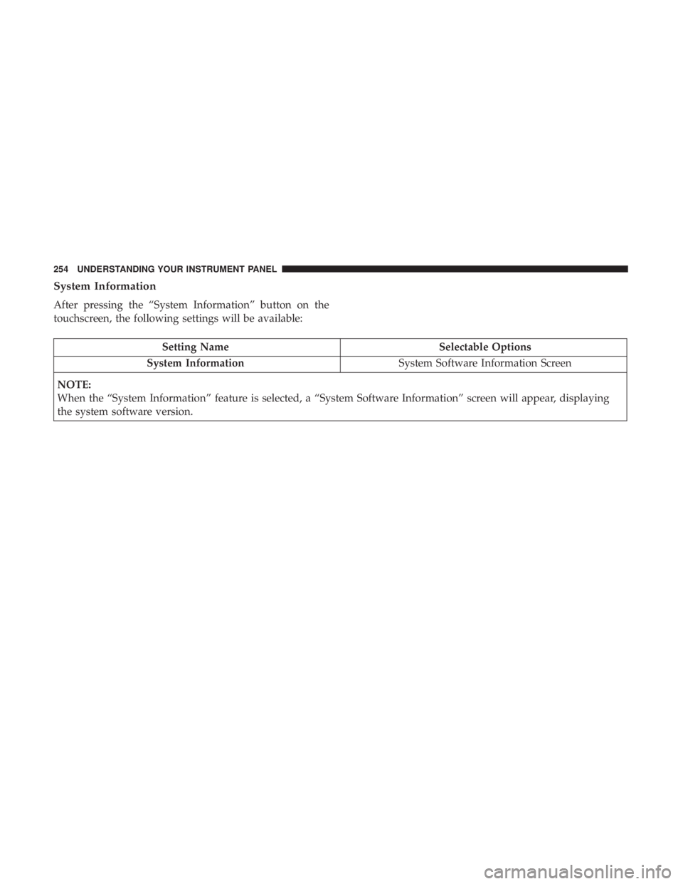 RAM CHASSIS CAB 2017 Owners Manual System Information
After pressing the “System Information” button on the
touchscreen, the following settings will be available:
Setting Name Selectable Options
System Information System Software I RAM CHASSIS CAB 2017 Owners Manual System Information
After pressing the “System Information” button on the
touchscreen, the following settings will be available:
Setting Name Selectable Options
System Information System Software I