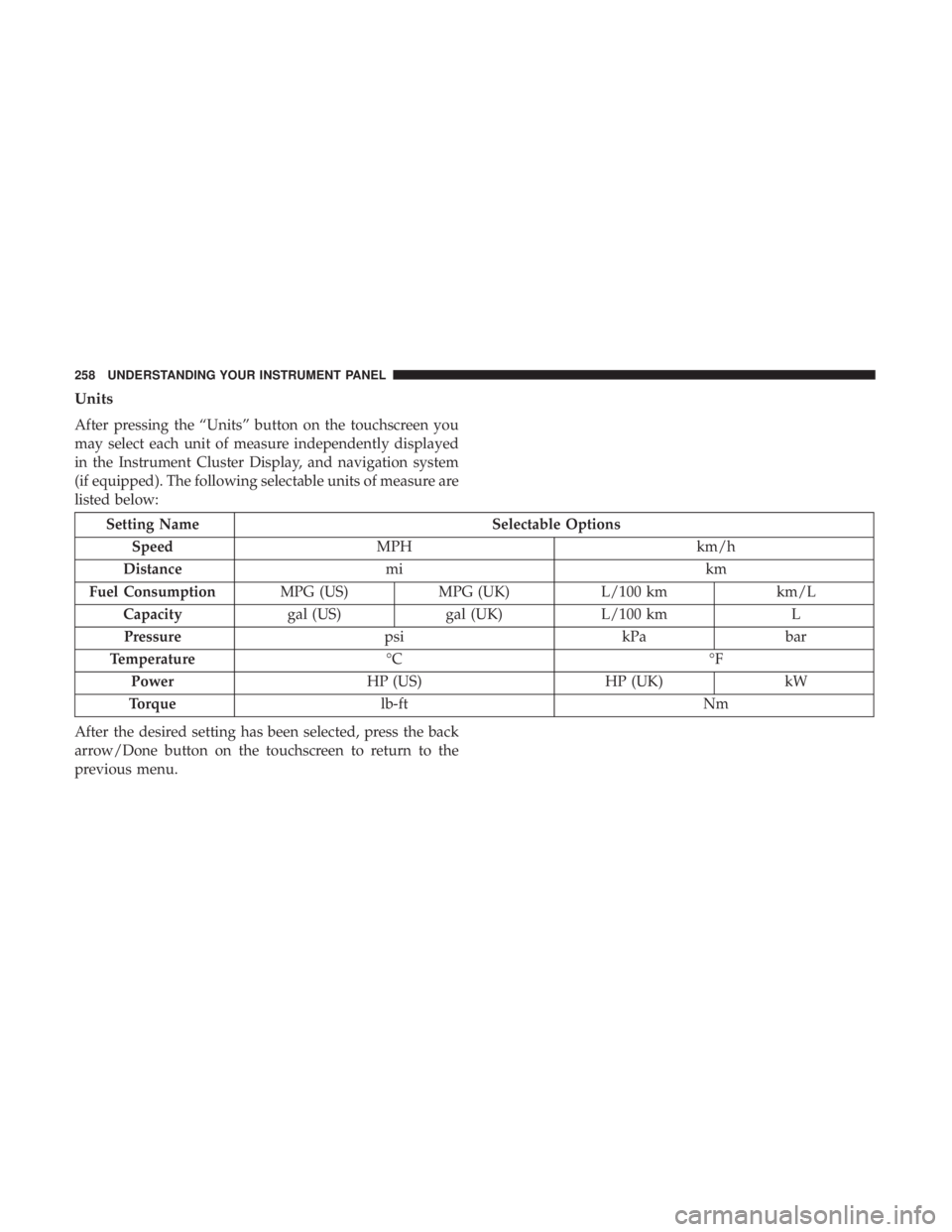 RAM CHASSIS CAB 2017 Owners Manual Units
After pressing the “Units” button on the touchscreen you
may select each unit of measure independently displayed
in the Instrument Cluster Display, and navigation system
(if equipped). The f RAM CHASSIS CAB 2017 Owners Manual Units
After pressing the “Units” button on the touchscreen you
may select each unit of measure independently displayed
in the Instrument Cluster Display, and navigation system
(if equipped). The f