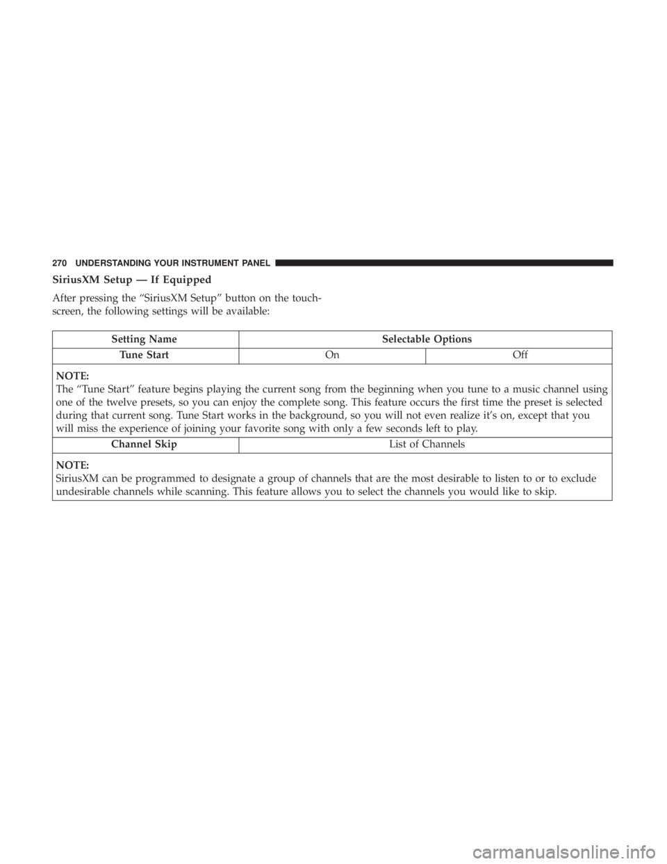 RAM CHASSIS CAB 2017 Owners Manual SiriusXM Setup — If Equipped
After pressing the “SiriusXM Setup” button on the touch-
screen, the following settings will be available:
Setting Name Selectable Options
Tune Start On Off
NOTE:
Th RAM CHASSIS CAB 2017 Owners Manual SiriusXM Setup — If Equipped
After pressing the “SiriusXM Setup” button on the touch-
screen, the following settings will be available:
Setting Name Selectable Options
Tune Start On Off
NOTE:
Th