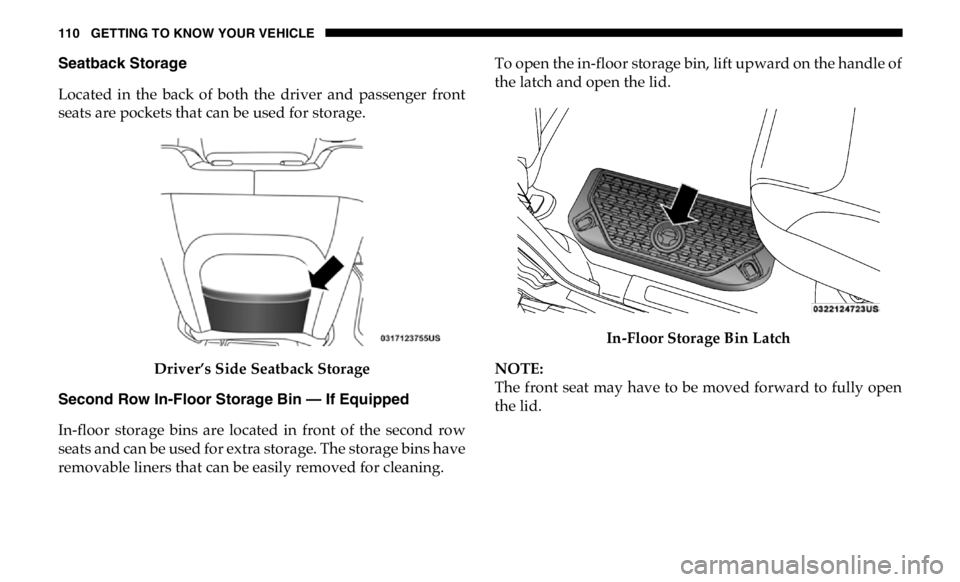RAM CHASSIS CAB 2019  Owners Manual 110 GETTING TO KNOW YOUR VEHICLE
Seatback Storage
Located  in  the  back  of  both  the  driver  and  passenger  front
seats are pockets that can be used for storage.
Driver’s Side Seatback Storage

