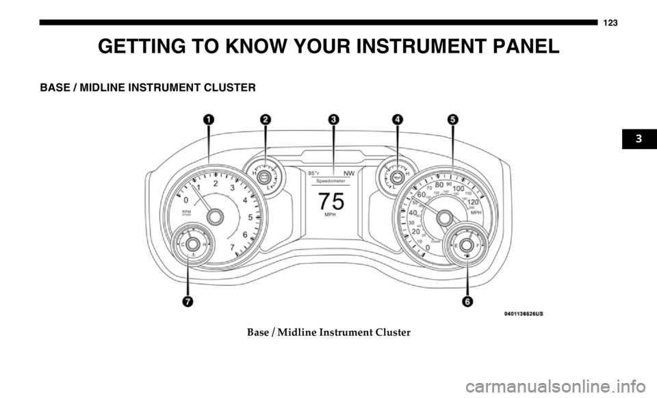 RAM CHASSIS CAB 2019 Owners Manual 123
GETTING TO KNOW YOUR INSTRUMENT PANELBASE / MIDLINE INSTRUMENT CLUSTER
Base / Midline Instrument Cluster 3 RAM CHASSIS CAB 2019 Owners Manual 123
GETTING TO KNOW YOUR INSTRUMENT PANELBASE / MIDLINE INSTRUMENT CLUSTER
Base / Midline Instrument Cluster 3
