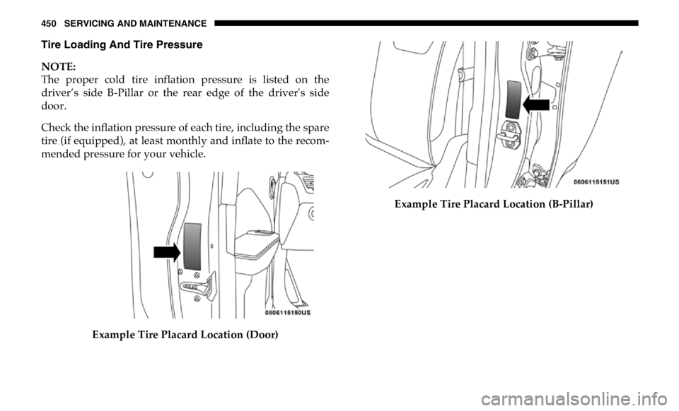 RAM CHASSIS CAB 2019 Owners Manual 450 SERVICING AND MAINTENANCE
Tire Loading And Tire Pressure
NOTE:
The proper cold tire inflation pressure is listed on the
driver’s side B-Pillar or the rear edge of the driver& RAM CHASSIS CAB 2019 Owners Manual 450 SERVICING AND MAINTENANCE
Tire Loading And Tire Pressure
NOTE:
The proper cold tire inflation pressure is listed on the
driver’s side B-Pillar or the rear edge of the driver&