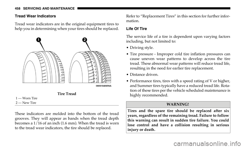 RAM CHASSIS CAB 2019  Owners Manual 458 SERVICING AND MAINTENANCE
Tread Wear Indicators 
Tread  wear  indicators are in  the  original equipment  tires to
help you in determining when your tires should be replaced.
Tire Tread
These  ind