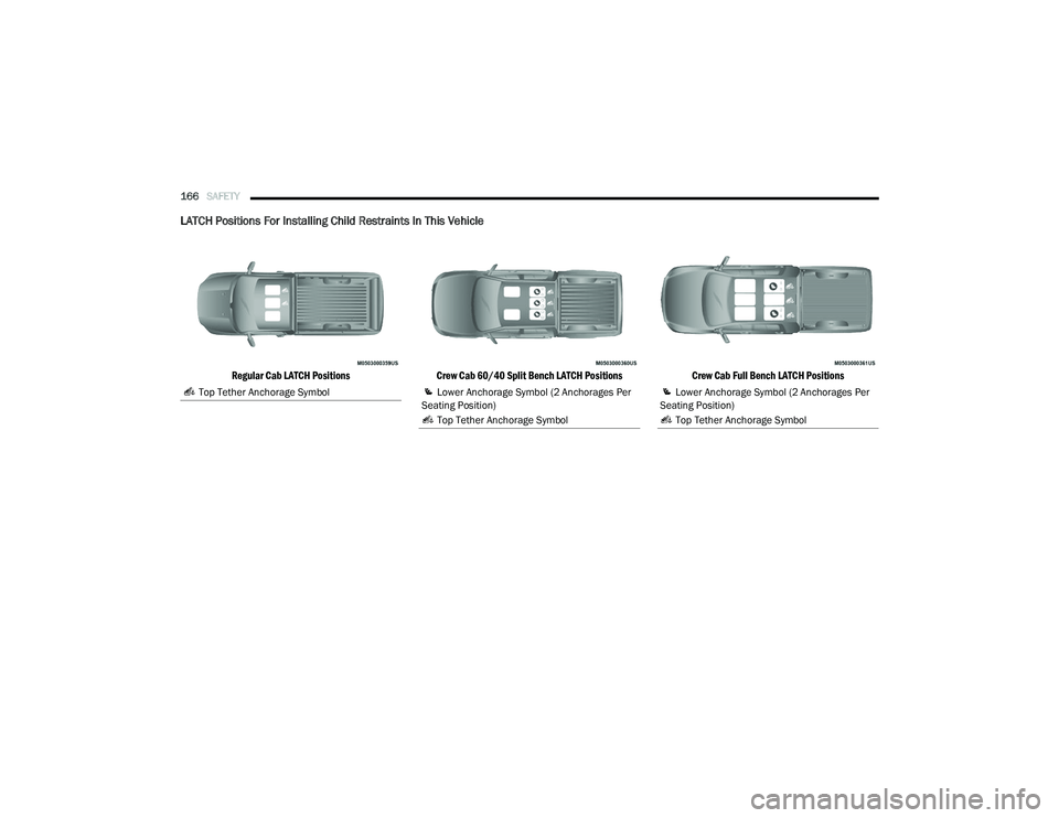 RAM CHASSIS CAB 2020 Owners Manual
166SAFETY
LATCH Positions For Installing Child Restraints In This Vehicle
Regular Cab LATCH Positions Crew Cab 60/40 Split Bench LATCH Positions
Crew Cab Full Bench LATCH Positions
Top Tether An RAM CHASSIS CAB 2020 Owners Manual
166SAFETY
LATCH Positions For Installing Child Restraints In This Vehicle
Regular Cab LATCH Positions Crew Cab 60/40 Split Bench LATCH Positions
Crew Cab Full Bench LATCH Positions
Top Tether An