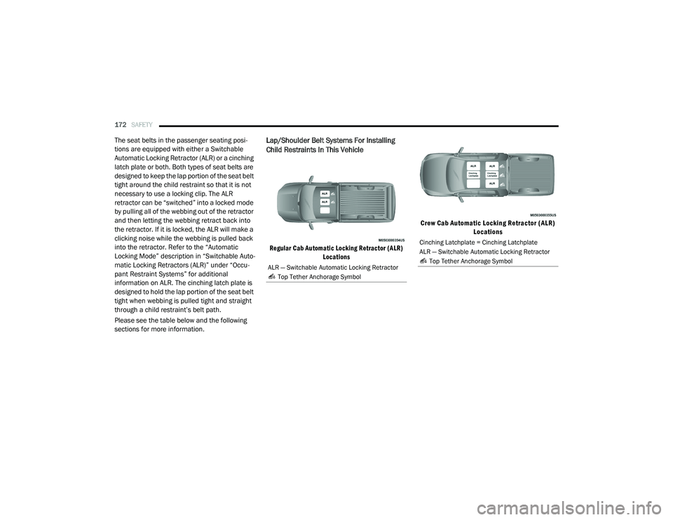 RAM CHASSIS CAB 2020 Owners Manual
172SAFETY
The seat belts in the passenger seating posi -
tions are equipped with either a Switchable
Automatic Locking Retractor (ALR) or a cinching
latch plate or both. Both types of seat belts RAM CHASSIS CAB 2020 Owners Manual
172SAFETY
The seat belts in the passenger seating posi -
tions are equipped with either a Switchable
Automatic Locking Retractor (ALR) or a cinching
latch plate or both. Both types of seat belts